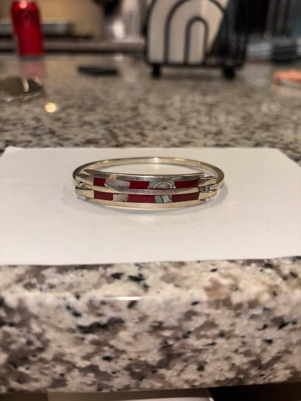 Handmade Taxco Silver Plated Cuff Bracelet – Abalone Shell, Red Resin Inlay